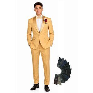 Men’s Slim-Fit Stretch Tuxedo—Bow Tie, Built‑In Pocket Square & Socks–Light Gold